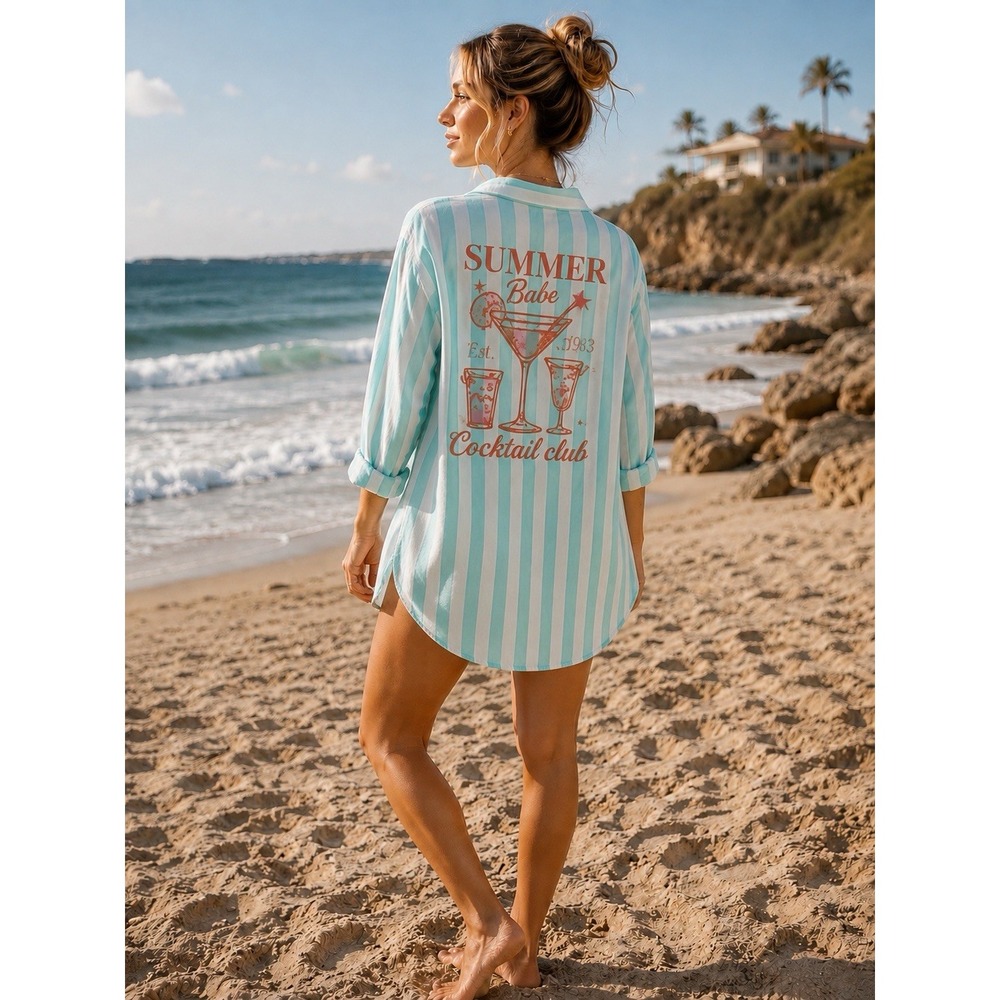 Betsey Johnson Striped Beach Cover-Up Shirt L Seafoam Cocktails Vacay Party